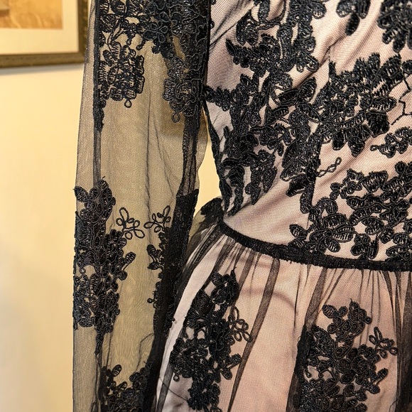 Soie’blu Black Lace Overlay Dress w/ Sheer Sleeves Size Large - Picture 9 of 16